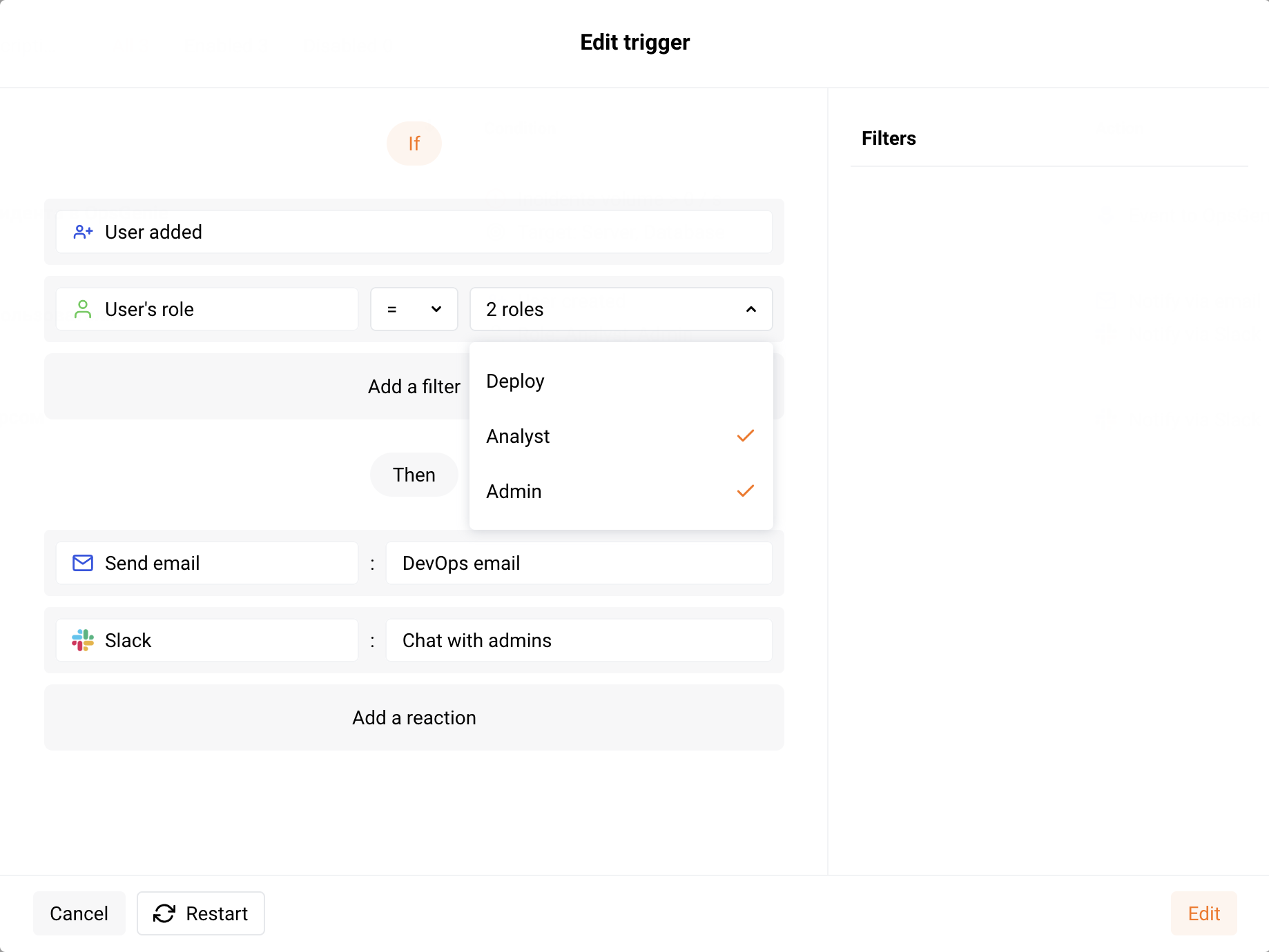 Example of a trigger sending the notification to Slack and by email