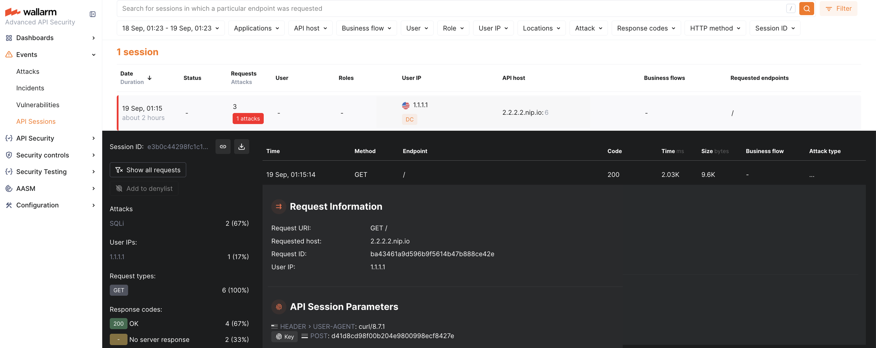Wallarm Console: legitimate request in API Sessions